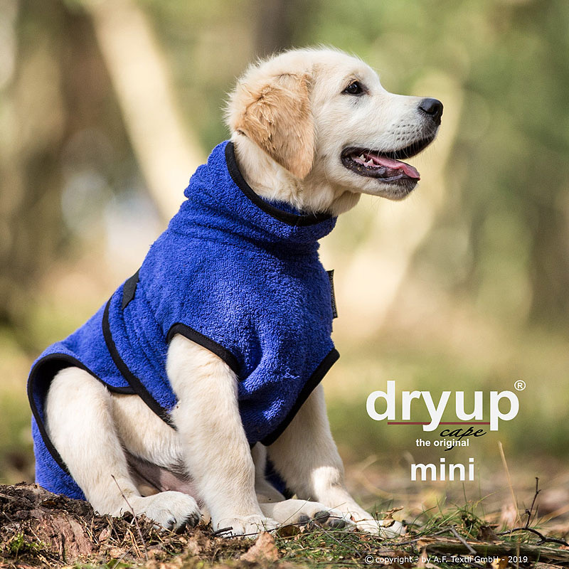 DryUp Trocken Cape Hundebademantel MINI für kleine Hunde in blueberry blau 40cm Rückenlänge