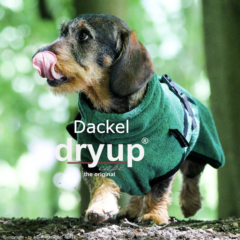DryUp Trocken Cape Hundebademantel Trockenmantel  für Dackel in grün dunkel 30cm Rückenlänge