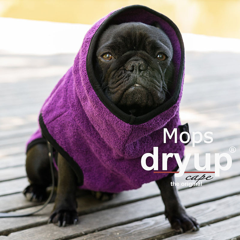 DryUp Trocken Cape Hundebademantel für Mops Bulldogge in lila violett bilberry 30cm Rückenlänge