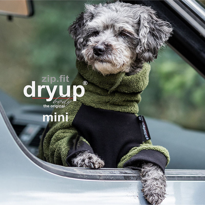 DryUp Body ZIP.FIT Bademantel mit Beinen für kleine Hunde in moos grün 35cm