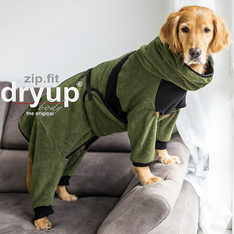DryUp Body ZIP.FIT Bademantel mit Beinen für Hunde in moos grün S 56cm