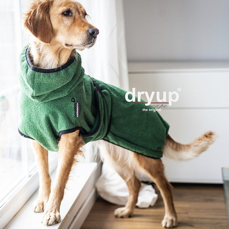 DryUp Trocken Cape Bademantel für Hunde in dark green dunkelgrün S  56cm Rückenlänge