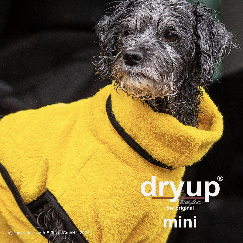 DryUp Trocken Cape Bademantel MINI für kleine Hunde in gelb 35cm Rückenlänge