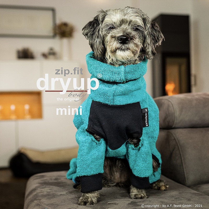 DryUp Body ZIP.FIT Hundebademantel mit Beinen für kleine Hunde in PETROL 40cm