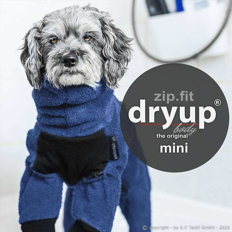 DryUp Body ZIP.FIT Hundebademantel mit Beinen für kleine Hunde in marine blau