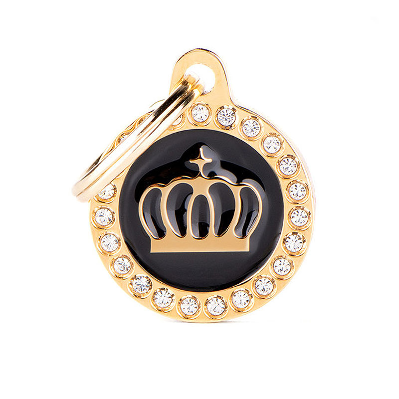 Anhänger GLAM kleiner Kreis mit Swarovski® Kristallen Krone schwarz gold inkl. Gravur