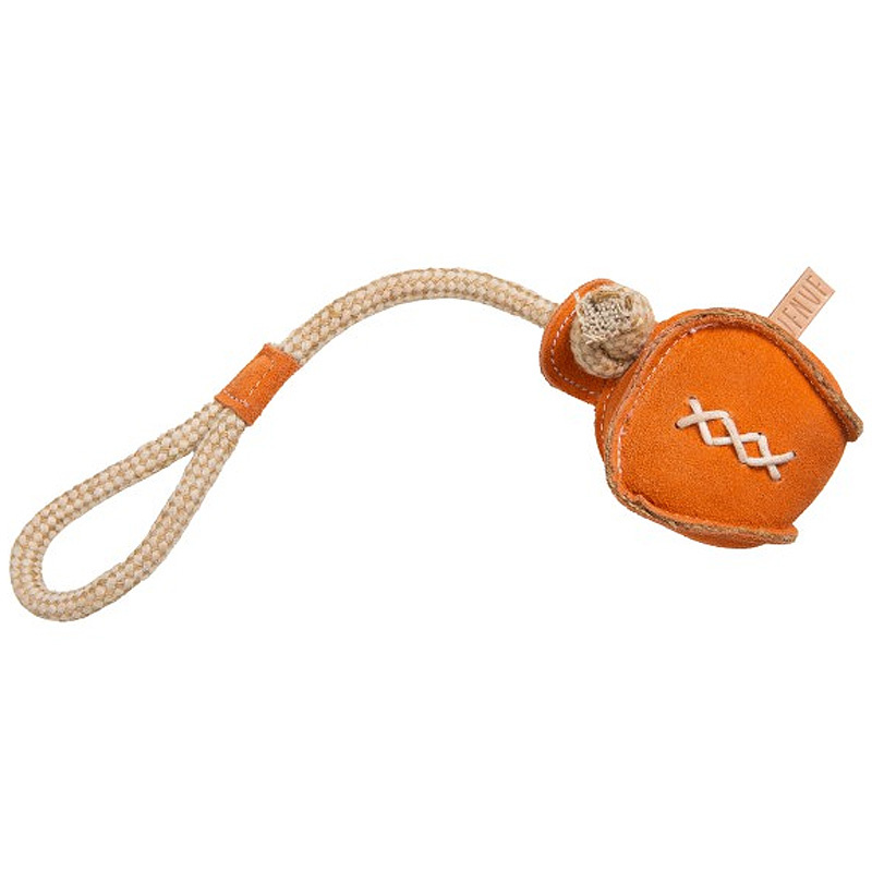 NUFNUF Zerrspielzeug Ball mit Seilgriff aus Wildleder in orange