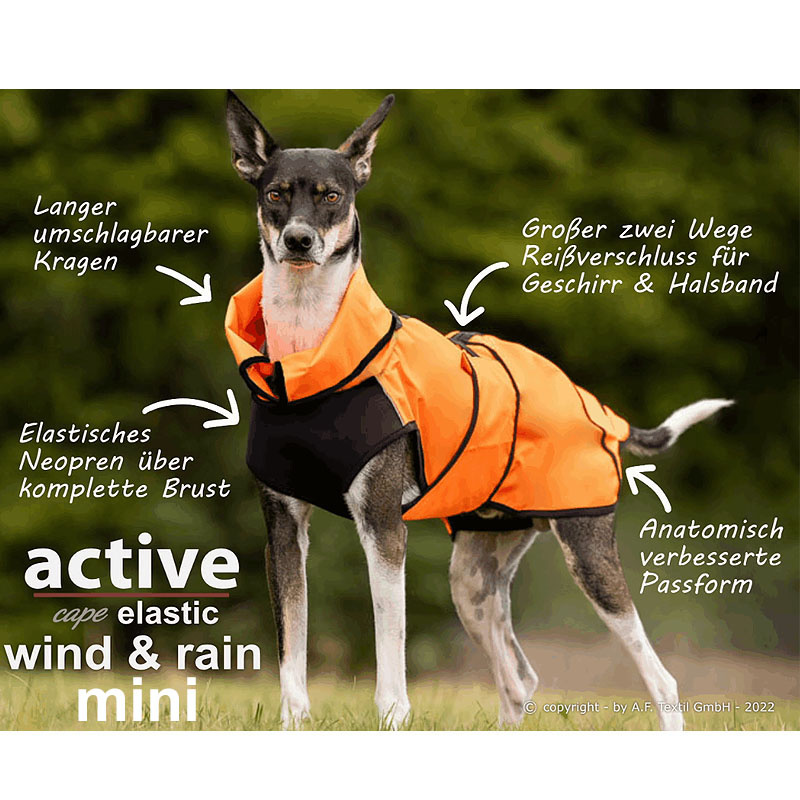 Active Cape Elastic wind & rain MINI Regenmantel für kleine Hunde in orange 45 cm