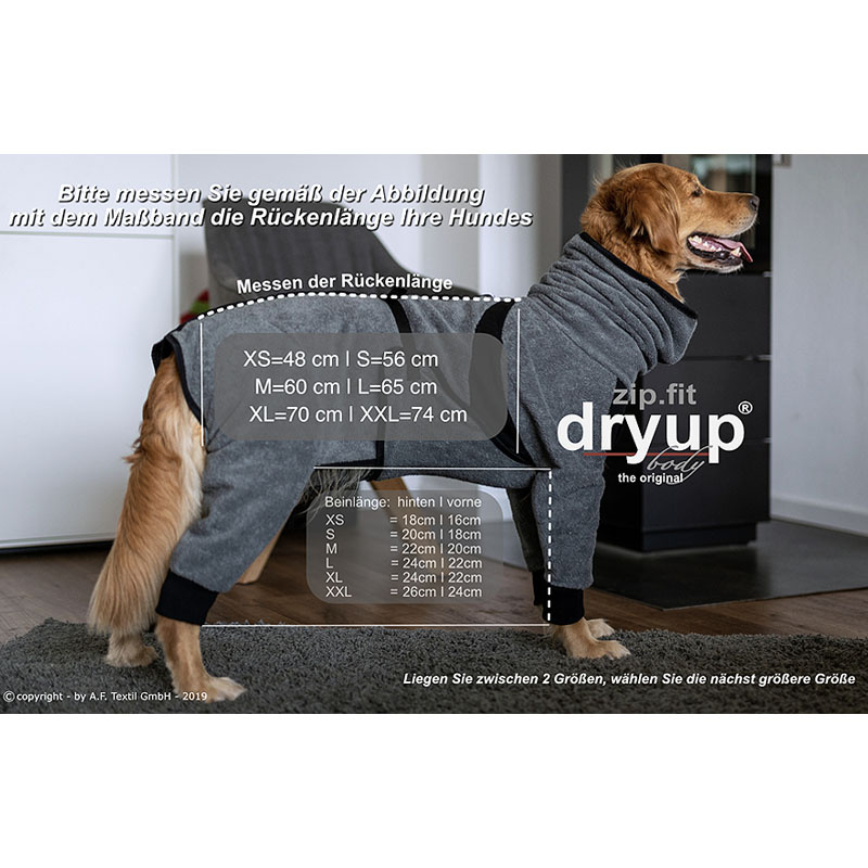 DryUp Body ZIP.FIT Hundebademantel mit Beinen STANDARD Anthrazit-grau XS 48cm