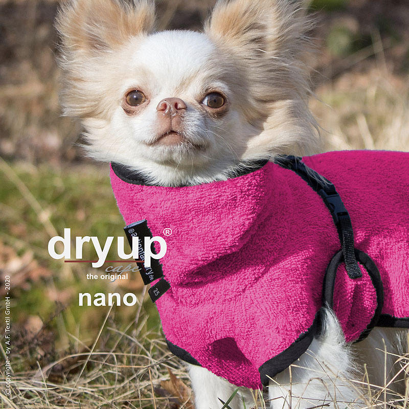DryUp Trocken Cape Hundebademantel NANO für ganz kleine Hunde pink 20cm Rückenlänge